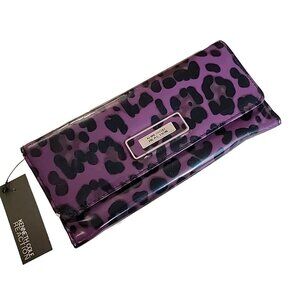 Kenneth Cole Reaction Clutch Wallet Purple Black Leopard Skin Women Ladies